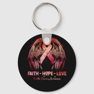 Faith hope love breast cancer pink wings back keychain