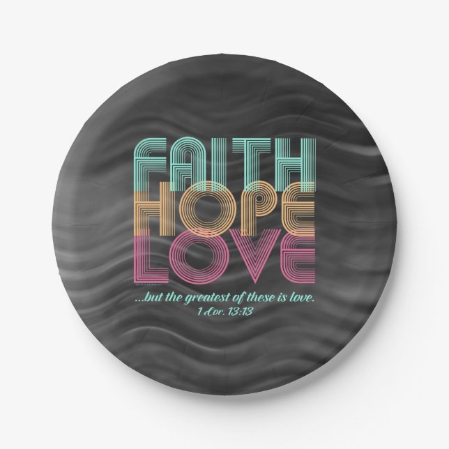 Faith Hope Love Christian Bible Verse Retro Paper Plates (Front)