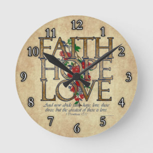 Faith Hope Love Christian Bible Verse Round Clock