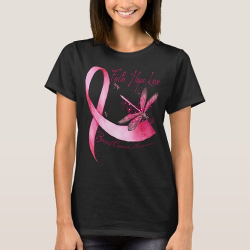 Faith Hope Love Dragonfly Pink Ribbon Breast Cance T_Shirt