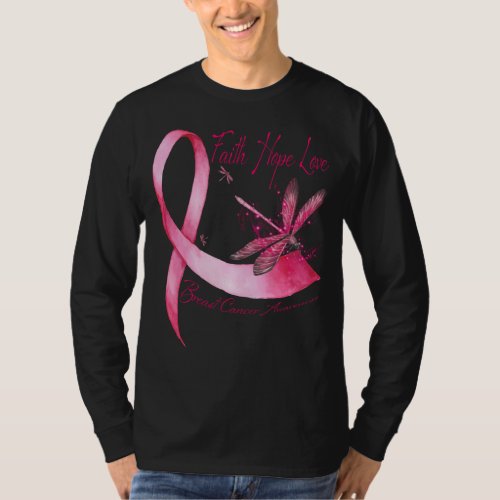 Faith Hope Love Dragonfly Pink Ribbon Breast Cance T_Shirt