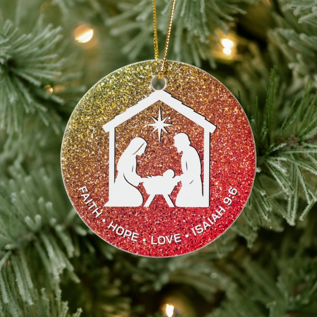 FAITH HOPE LOVE Glitter Christian Christmas Ceramic Ornament (Tree)
