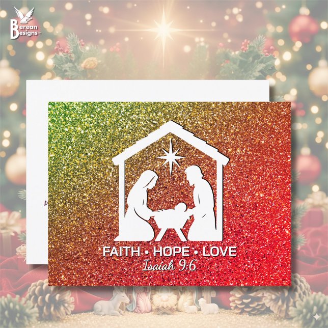 FAITH HOPE LOVE Glitter Christian Christmas Holiday Postcard (Stylish red green glitter Christian Christmas Nativity postcard with FAITH HOPE LOVE. Customizable.)