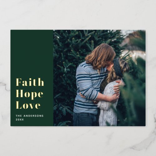 Faith Hope Love Green gold Christmas religious Foil Holiday Card