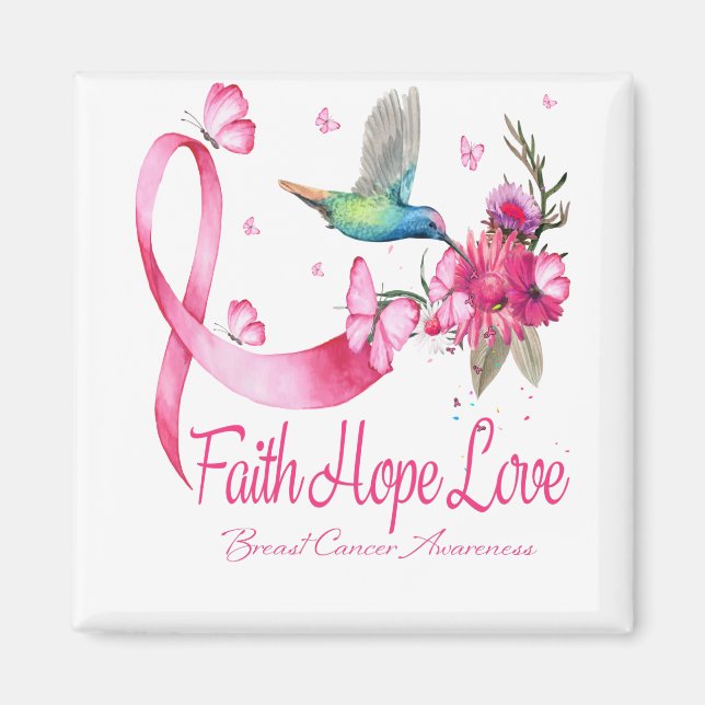 Faith Hope Love Hummingbird Ribbon Breast Cancer Magnet (Front)
