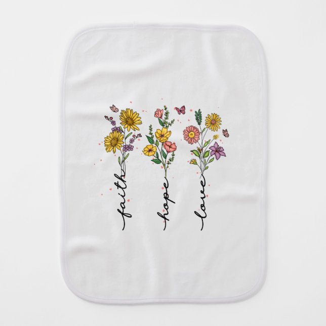 "Faith-Hope-Love" | Inspiring Floral Design Baby Burp Cloth (Front)