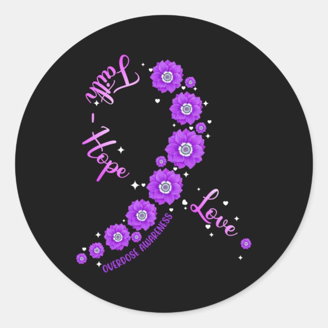 Faith Hope Love Overdose Awareness Ribbon Flower W Classic Round Sticker (Front)