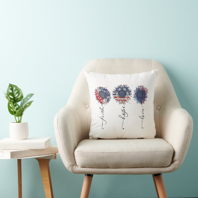 Faith Hope Love Patriotic Red White Blue Sunflower Throw Pillow (Chair)