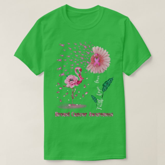 Faith Hope Love Pink Flamingo Ribbon Breast Cancer T-Shirt (Design Front)