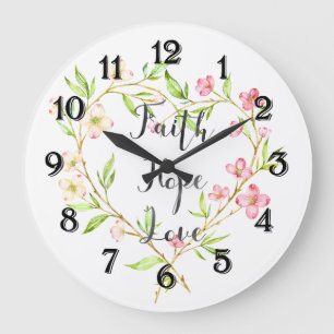 Faith Hope Love Pink Watercolor Floral Heart Large Clock