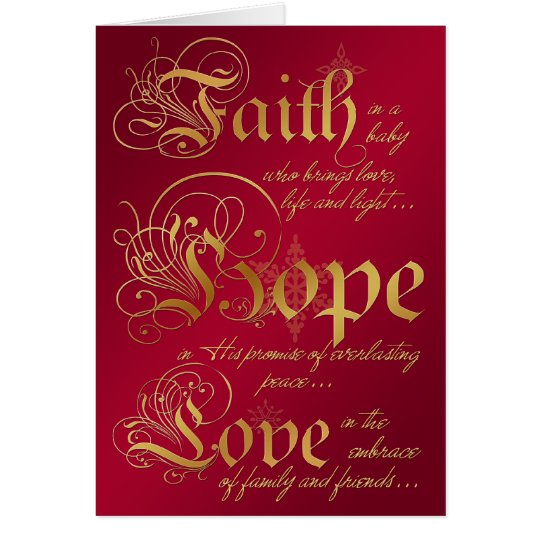 Faith, Hope, Love Red and Gold Christmas Card | Zazzle