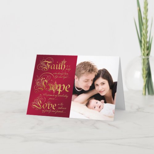 Faith Hope Love Red Gold Photo Christmas Card