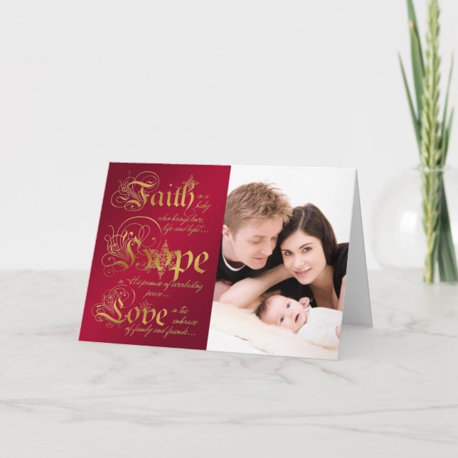Faith, Hope, Love Red, Gold Photo Christmas Card (Front)