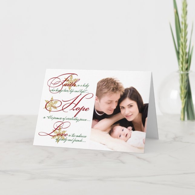 Faith, Hope, Love Red, Gold Photo Christmas Card (Front)