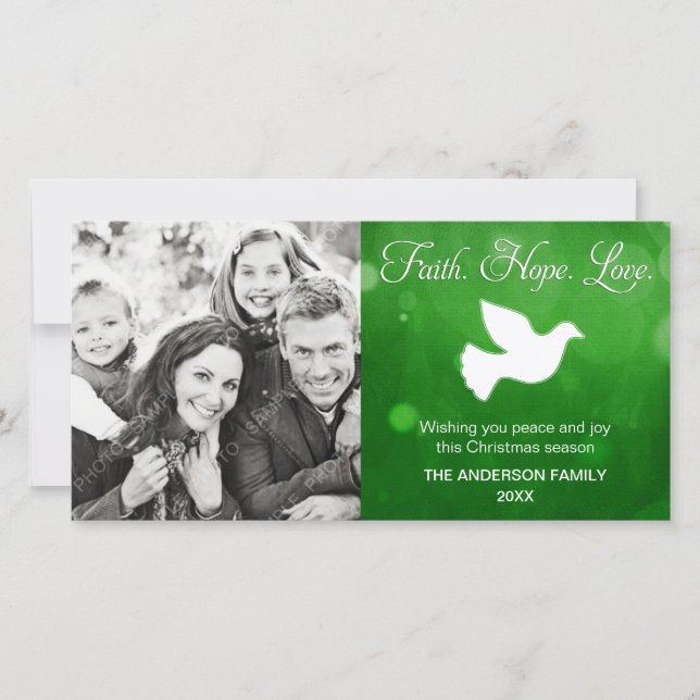 Faith Hope Love Religious Christmas Dove Green Holiday Card (Front)