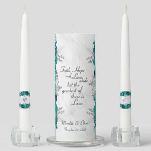 Faith Hope Love Teal Floral Silver Marble Wedding Unity Candle Set