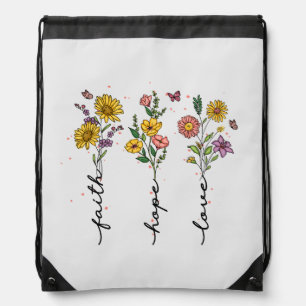 Faith, Hope, Love – Vibrant Floral Inspirational Drawstring Bag