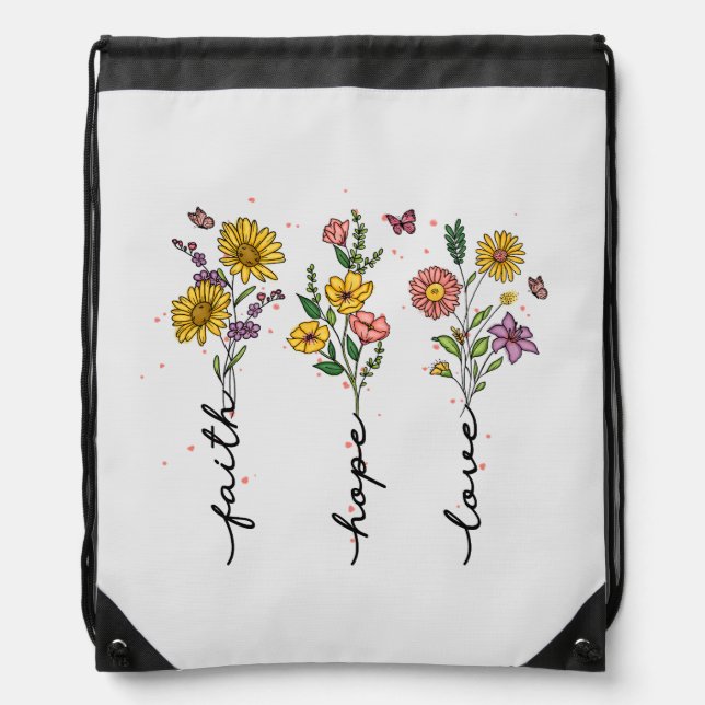 Faith, Hope, Love – Vibrant Floral Inspirational Drawstring Bag (Front)