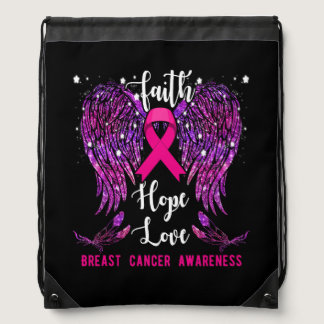 Faith Hope Love Wings Breast Cancer Awareness Pink Drawstring Bag