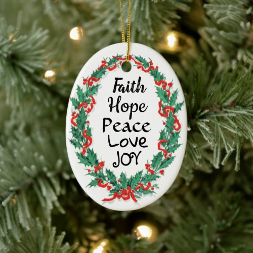 Faith Hope Peace Monogrammed Christmas Wreath  Ceramic Ornament