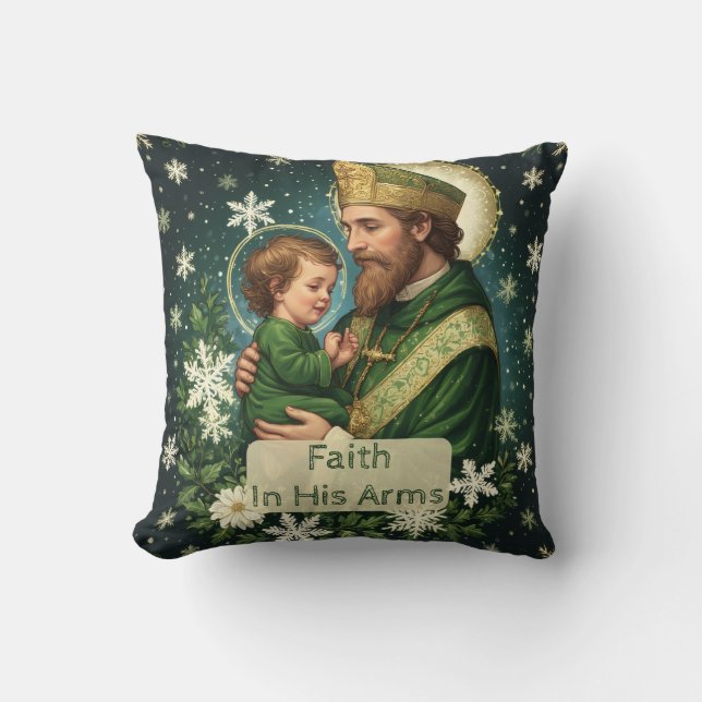 Faith in His Arms Saint Patrick with Baby Jesus  Throw Pillow (Front)