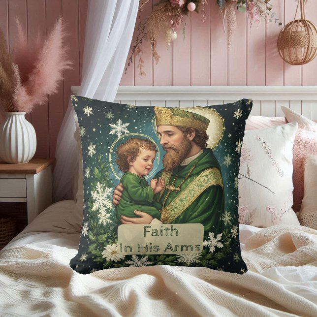 Faith in His Arms Saint Patrick with Baby Jesus  Throw Pillow (Faith in His Arms Saint Patrick with Baby Jesus Throw Pillow)