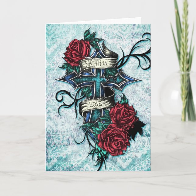 Faith in Love cross and roses in tattoo style. Card (Front)