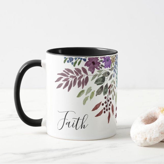 Faith Inspirational Burgundy Watercolor Floral Mug (With Donut)