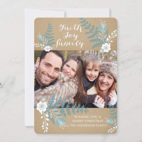 Faith Joy  Family Blue Floral Holiday Photo Card
