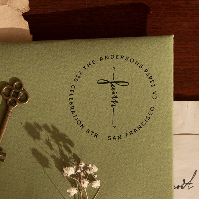 Faith Lettering Round Family Name & Return Address Rubber Stamp (Rubber Stamp Mock-up)