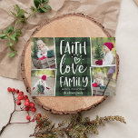 Faith Love Family | Christmas Photo Collage Holiday Card<br><div class="desc">Rustic and festive holiday photo card features four photos in a collage layout,  with "faith,  love,  family" in white hand lettered typography on a handpainted green and black buffalo plaid background. Personalize with your names beneath.</div>