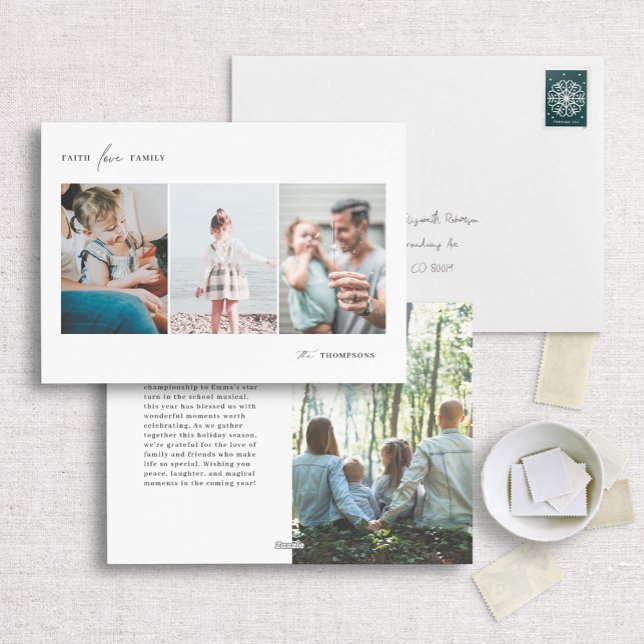 Faith, Love, Family Minimalist Multi Photo Holiday Card (Creator Uploaded)