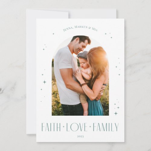 Faith Love Family Modern Arch Christmas Blue Holiday Card