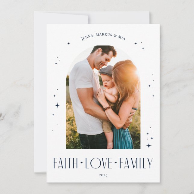 Faith Love Family Modern Arch Christmas Blue Holiday Card (Front)