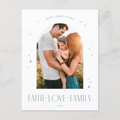 Faith Love Family Modern Arch Christmas Blue Holiday Postcard