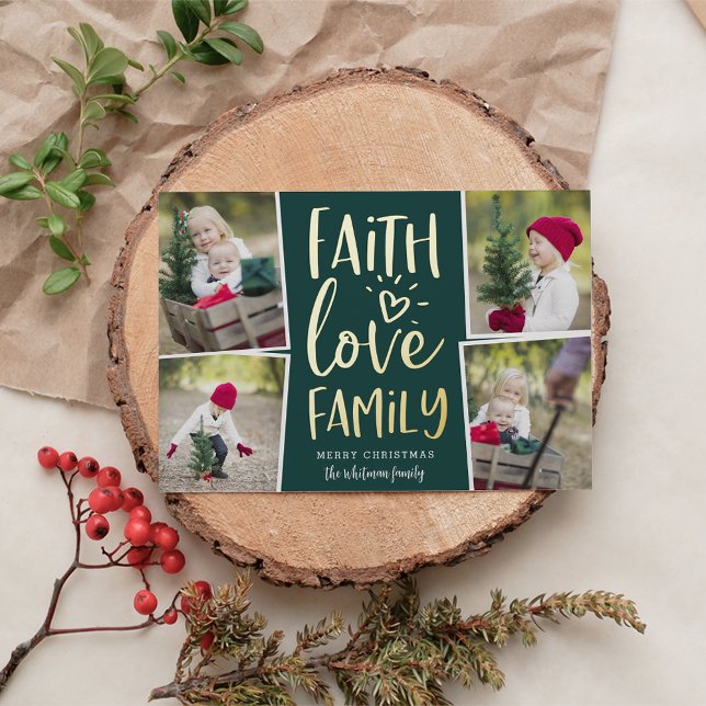 Faith Love Family | Photo Collage Foil Holiday Card (Creator Uploaded)