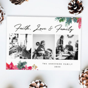 Faith Love Family. Religious Christmas floral Holiday Card