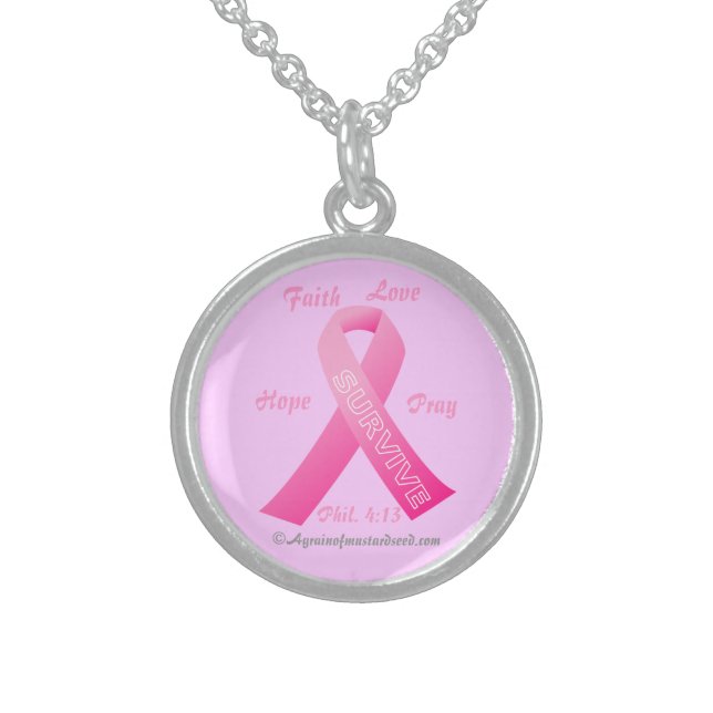 Faith Love Hope Pink Ribbon Sterling Silver Necklace (Front)