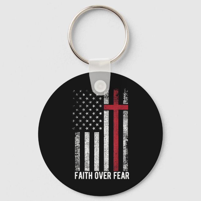 Faith Over Fear American USA Flag Christian Cross  Keychain (Front)