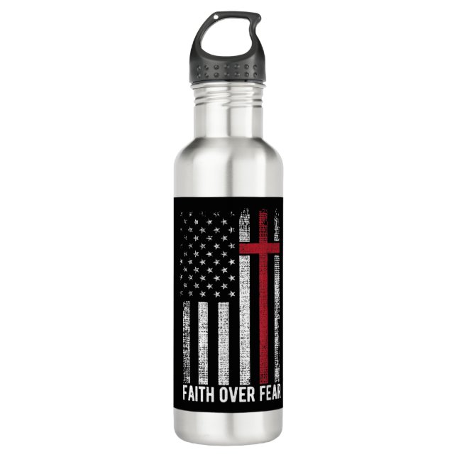 Faith Over Fear American USA Flag Christian Cross  Stainless Steel Water Bottle (Front)