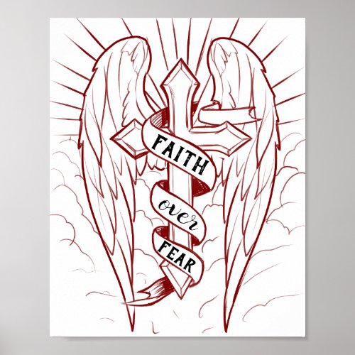 Faith Over Fear Angel Wings  Cross Christian Art Poster