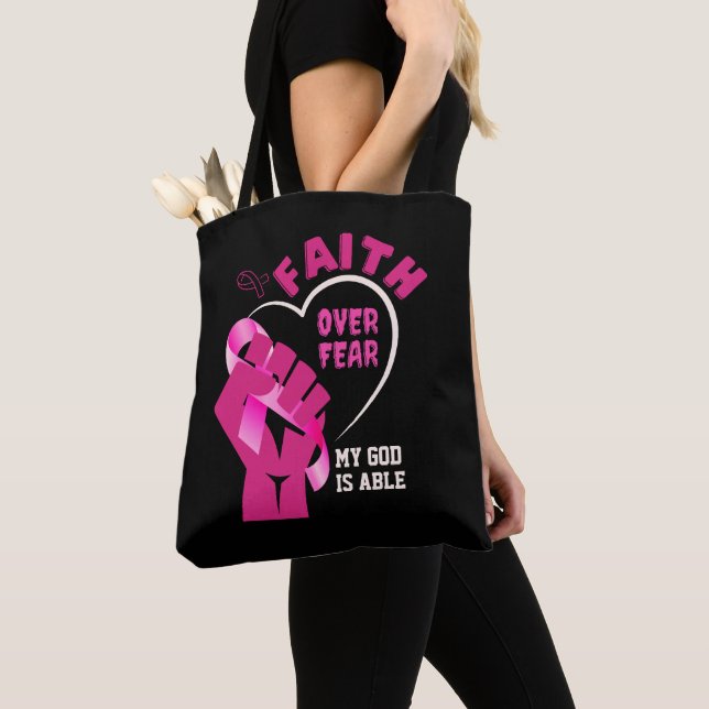 FAITH OVER FEAR Breast Cancer Awareness Tote Bag (Close Up)