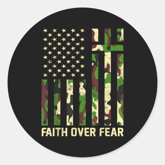 Faith Over Fear Christian Americn Flag Camouflage  Classic Round Sticker (Front)