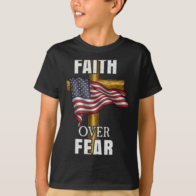 Faith Over Fear Christian Cross American Flag Tee  (Front)