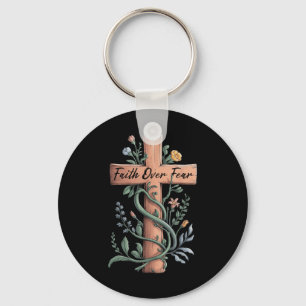 Faith Over Fear Christian Women Girls Jesus Cross Keychain
