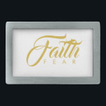 Faith Over Fear Gold and White Belt Buckle<br><div class="desc">Visual wordplay text design with the first line in a strong beautiful font printed in bold above the second line of small wide-spaced letters. Keep the inspirational saying 'Faith Over Fear' for a gift of encouragement, or use the text template to create a new inspiring quote. Edit to change the...</div>
