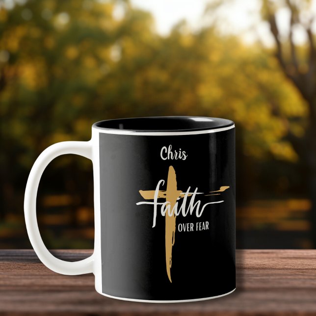 Faith Over Fear Gold Cross Two-Tone Coffee Mug (Creator Uploaded)