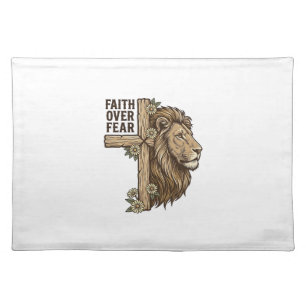 Faith Over Fear Lion Cross Vintage Christian Shirt Cloth Placemat