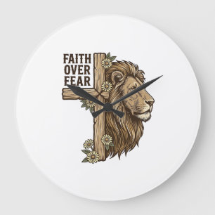 Faith Over Fear Lion Cross Vintage Christian Shirt Large Clock