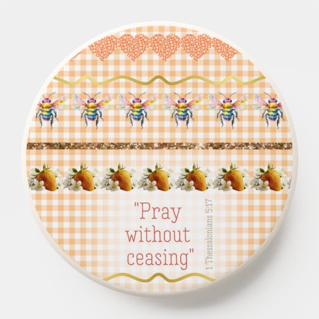 Faith Peach Checks Gold Strawberry Hearts Bees  PopSocket (Popsocket)